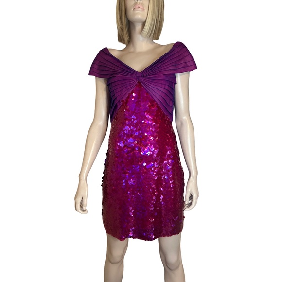 SHO by Tadashi Shoji Cocktail Dress Hot Pink Sequins Off Shoulder Sheath Party - Picture 3 of 16